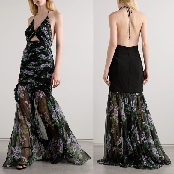 Carolina Herrera Floral Silk Chiffon Cutout Halter Maxi Gown Black Multi 4 NWT - Picture 7 of 10